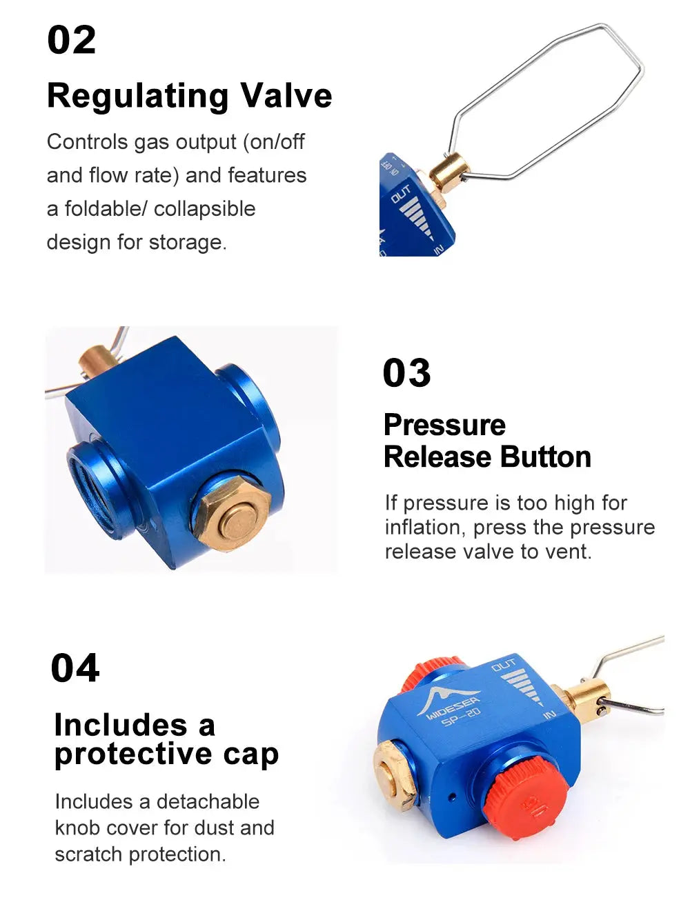 Widesea blue camping propane refill adapter with regulator valve, pressure release button and brass fittings