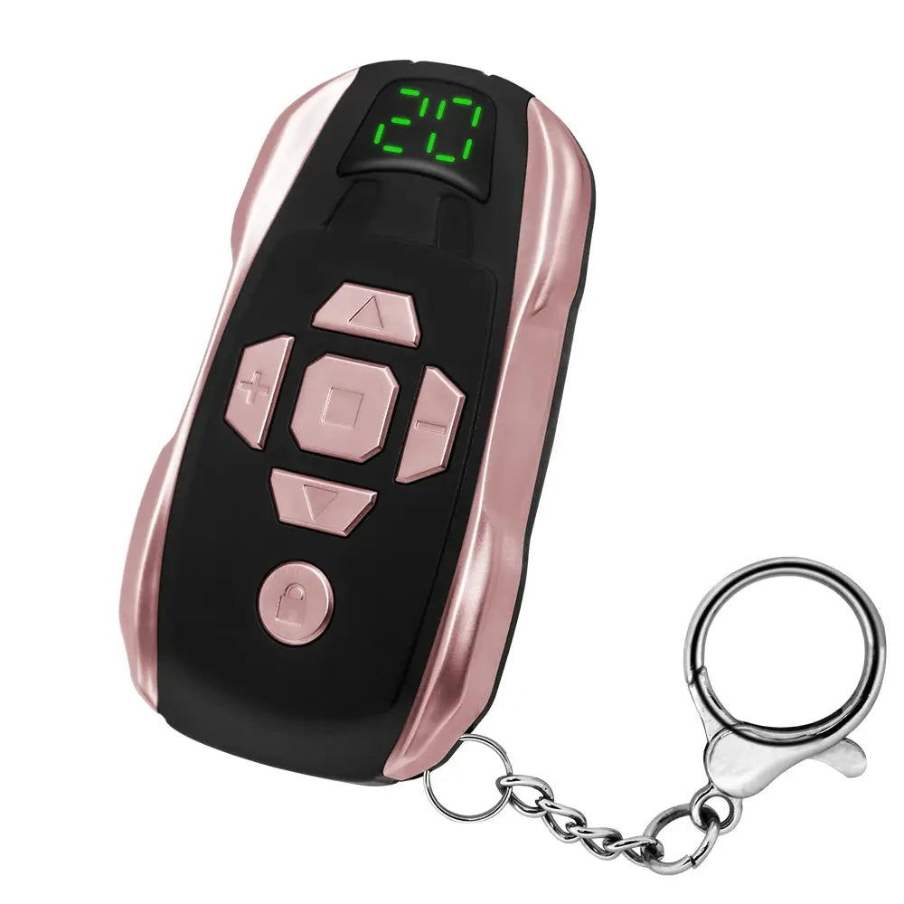 20-Channel rechargeable key duplicator remote with black body, rose-gold trim, and keyring