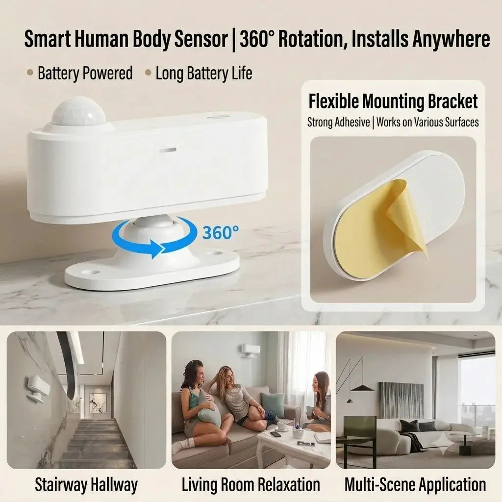 Smart Zigbee human presence sensor, Simples Market, white, battery powered, 360° rotation with mmWave radar and PIR