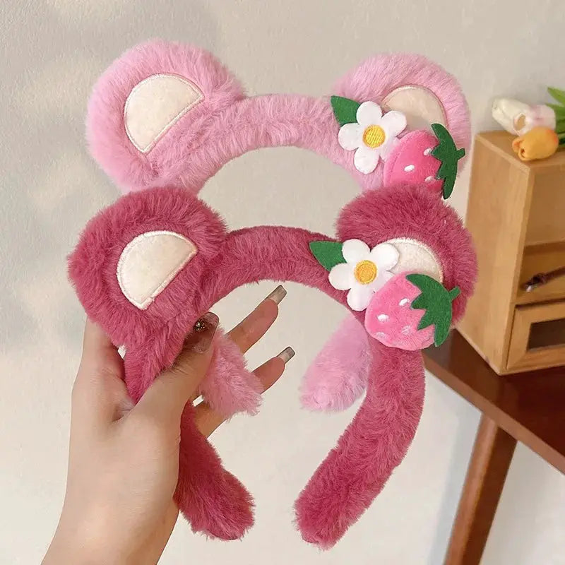 Strawberry Bear Plush Headband For Women Soft Hairband For Face Wash And Skincare Cute Fashion Accessory