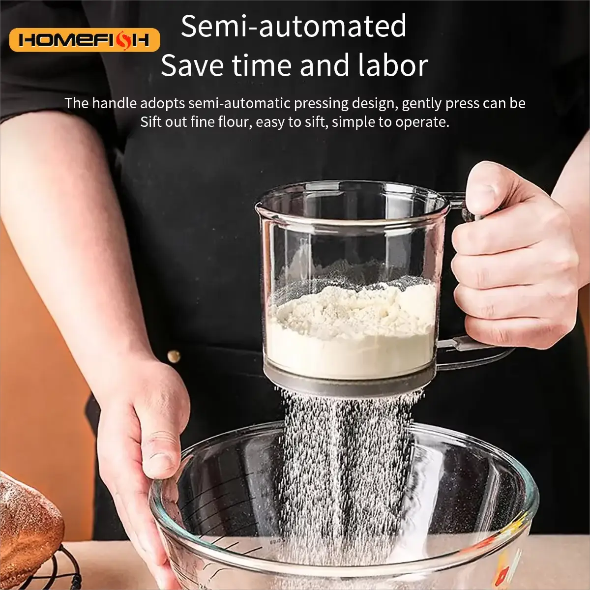 Homefish Kitchen Baking Cake Flour Sieve 40 Mesh Semi Automatic Filter Sieve With Capacity Scale