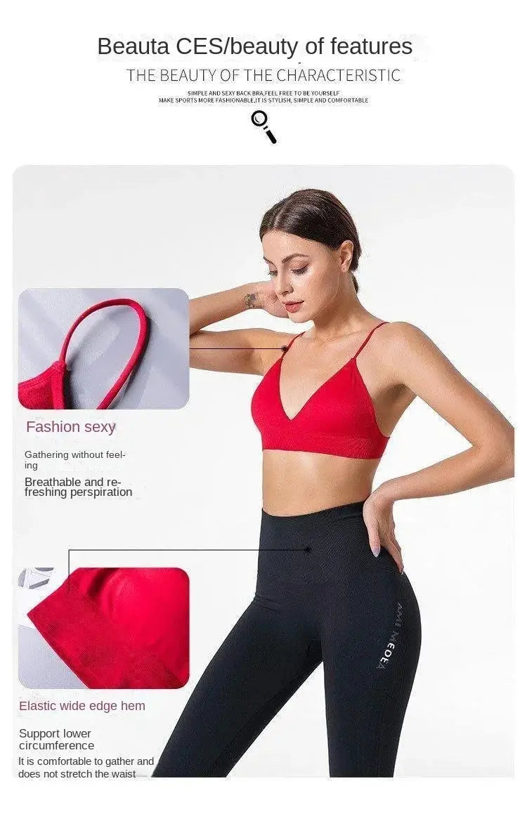 Simples Market red V-neck seamless triangle-cup bra camisole with elastic hem; model wearing black leggings.