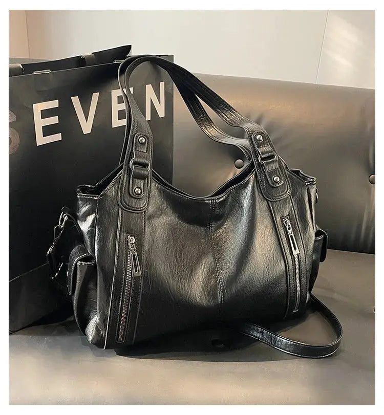 Soft interior compartment PU leather shoulder bag for women with multiple zipper pockets