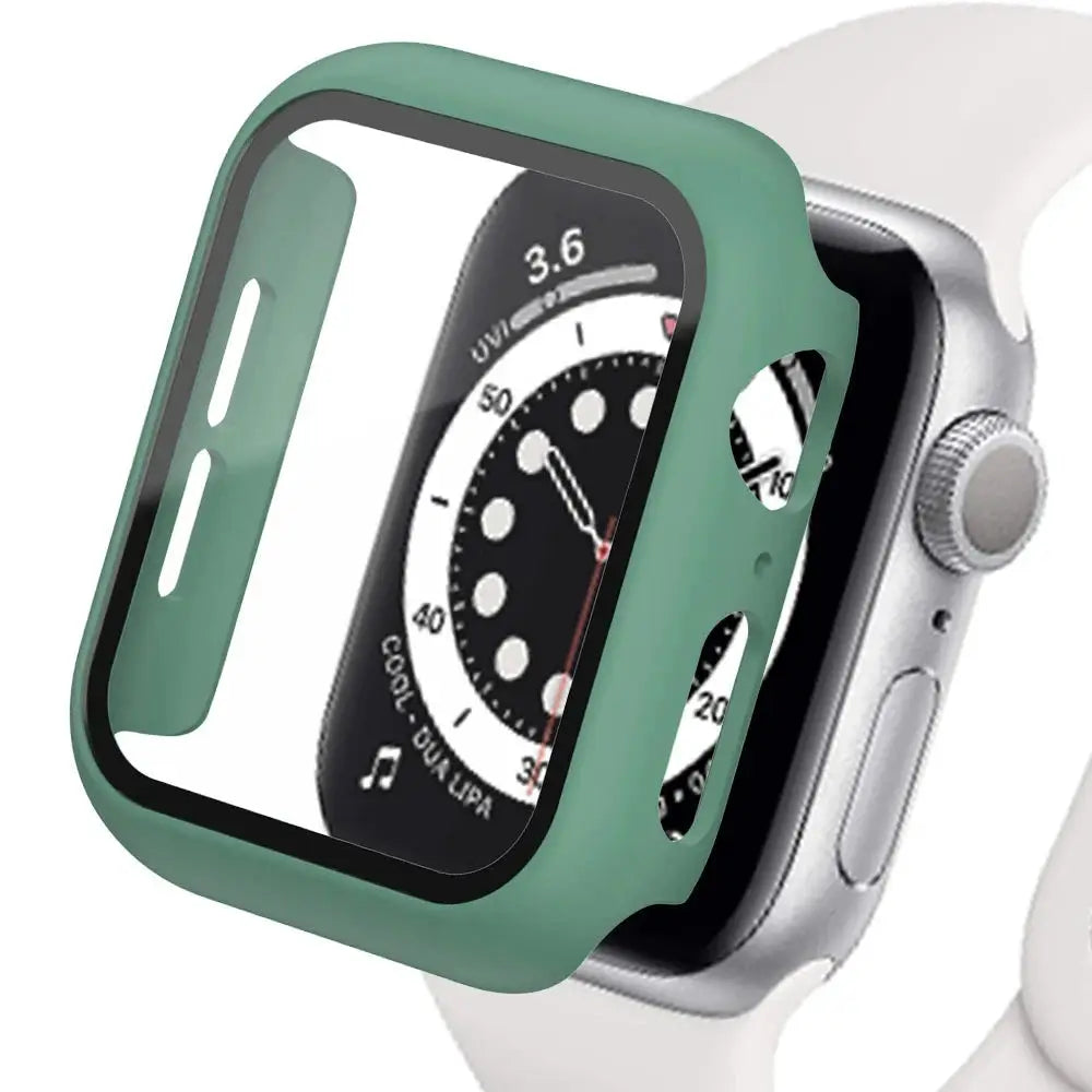 Simples Market Apple Watch protective case with tempered glass screen protector in green, fits 40–45mm models