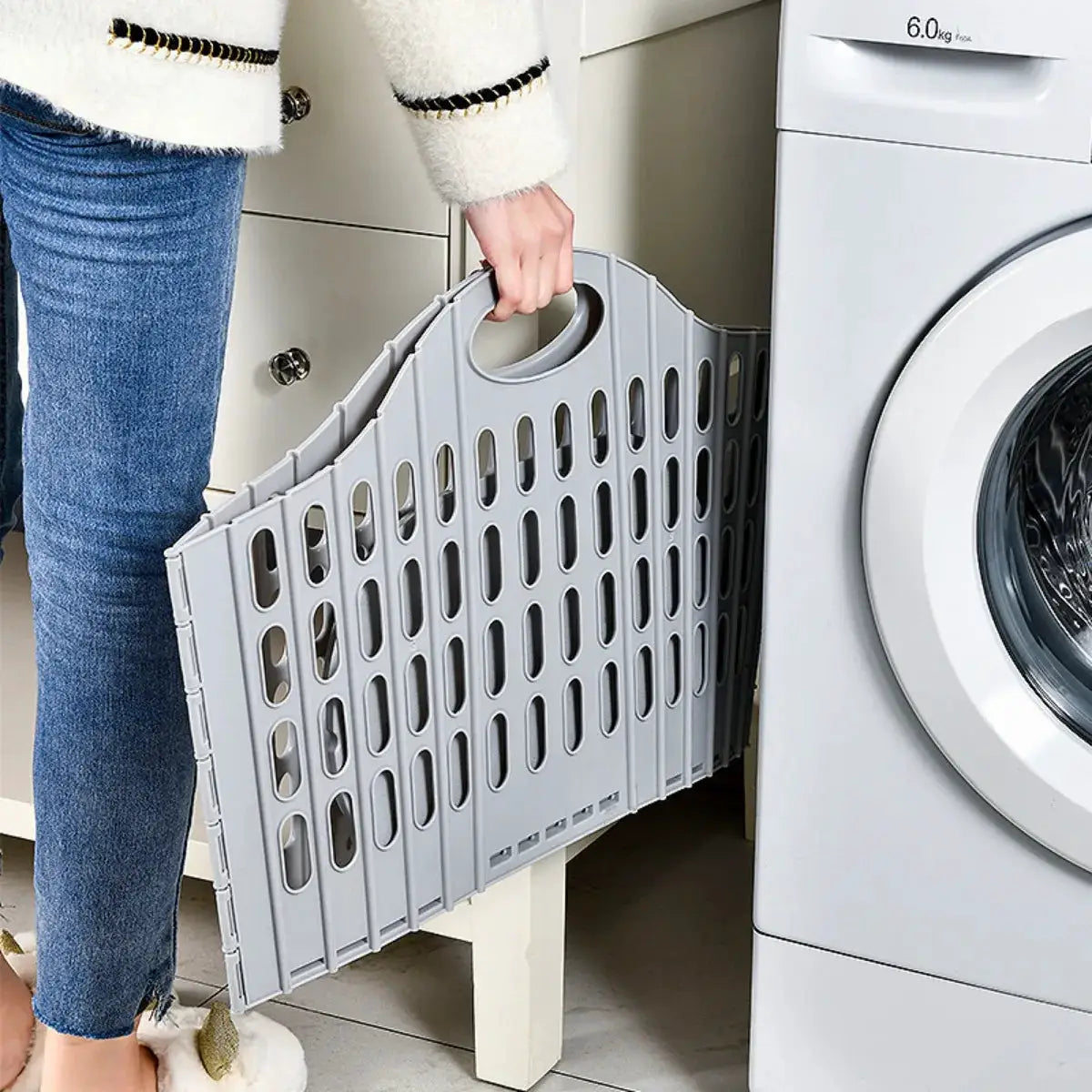 Foldable gray laundry hamper basket with slotted sides