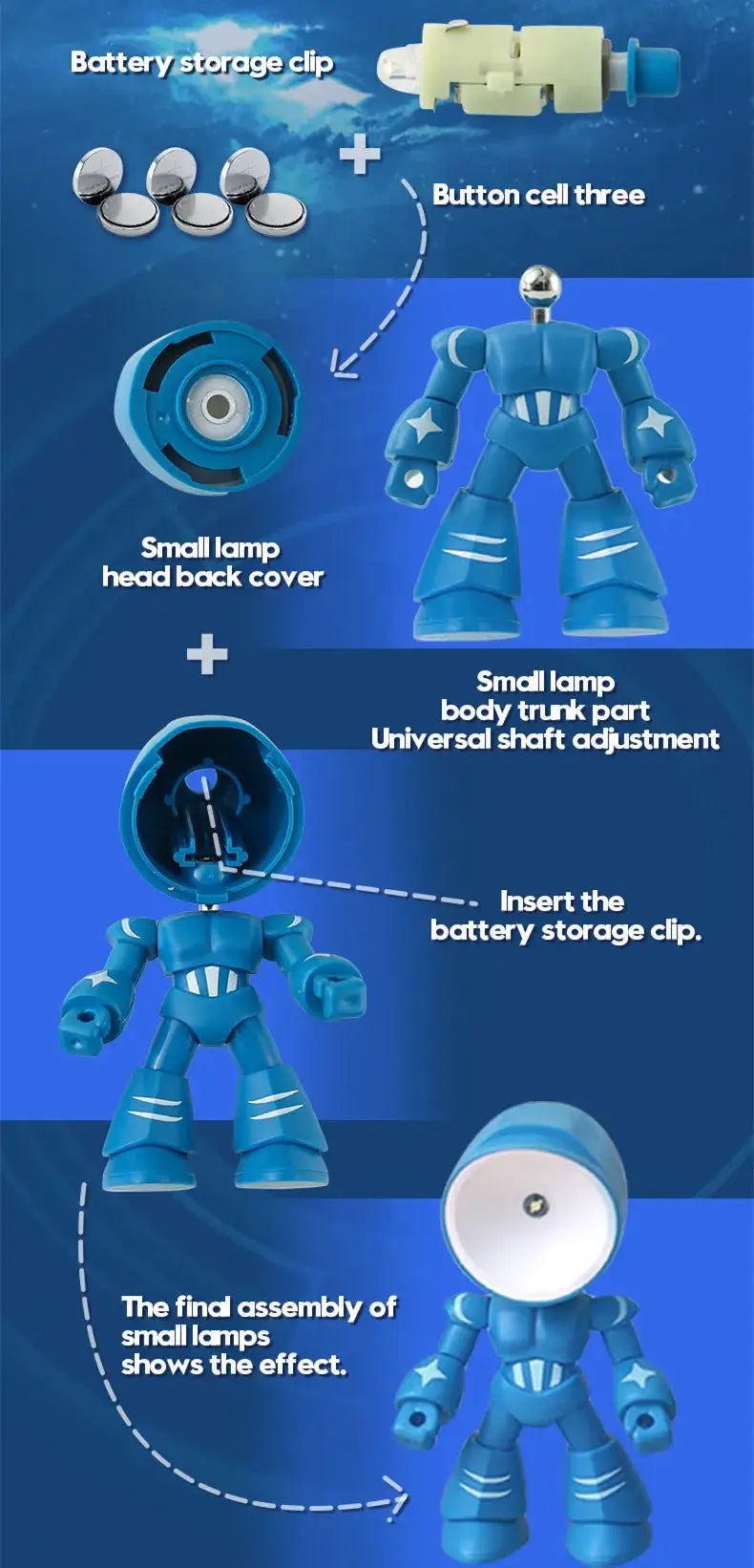 Mini Night Light LED Cartoon Hero Police Desk Lamp, blue robot-style figure with detachable head and battery clip