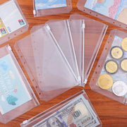 Simples Market 8-pack clear PVC binder zipper pockets for A5–A7, hole-punched for binder rings, money organizer and document filing