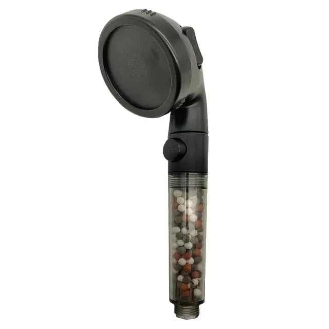 Handheld shower head with anion filter beads in translucent tube, black head, 3-function, water-saving spa