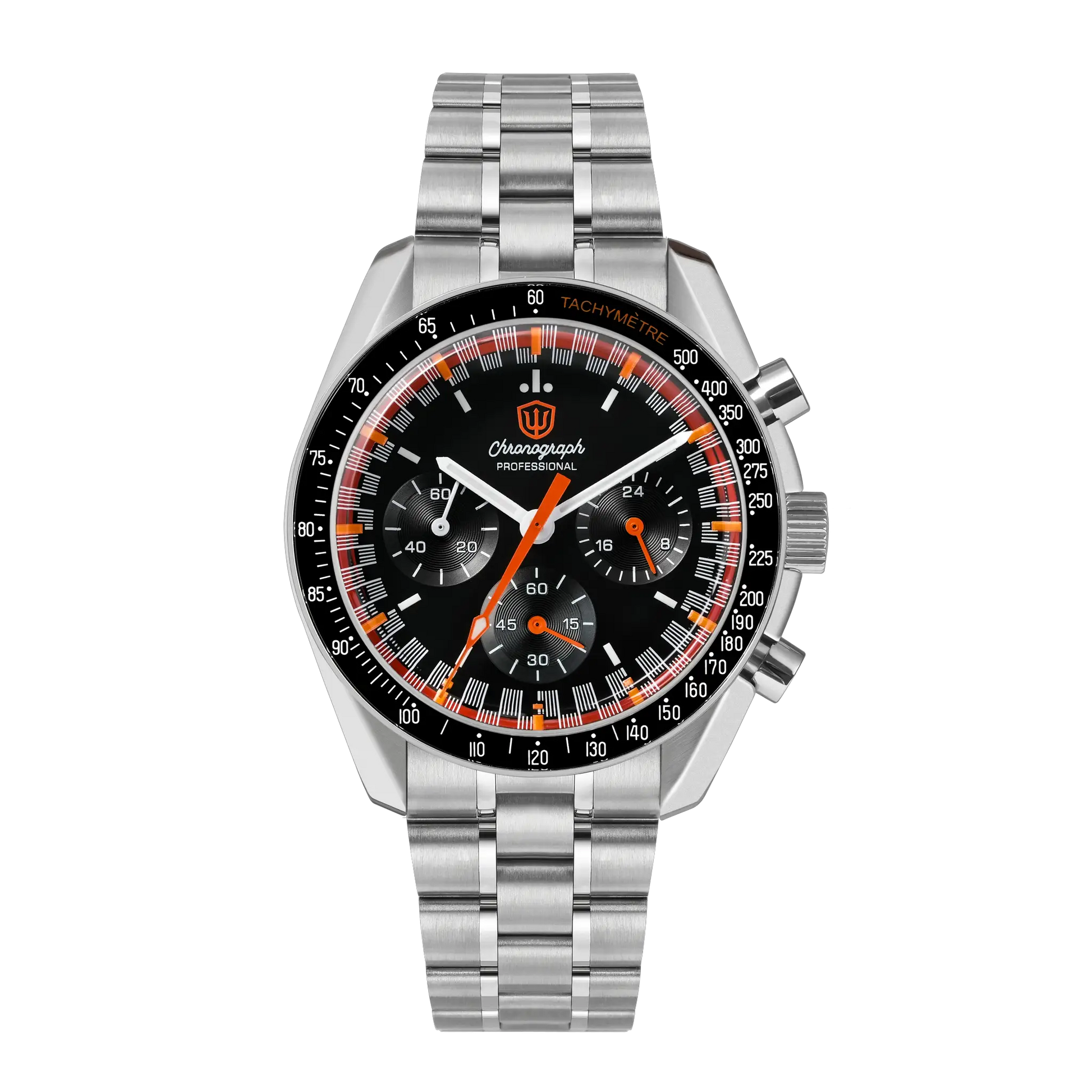 Stainless steel chronograph watch with black dial, orange hands and tachymeter bezel