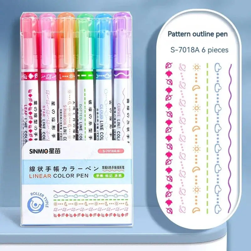 6Pcs Set Flower Line Shape Roller Tip Highlighter Pens Curve Liner Marker Kawaii Korean Stationery School Office Gifts