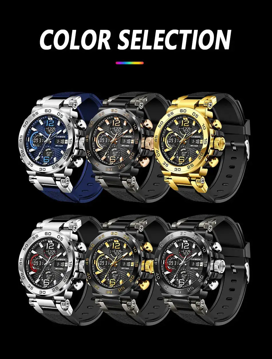 FOXBOX Sport men's digital quartz chronograph watches set, 6 colorways with large luminous dials, waterproof