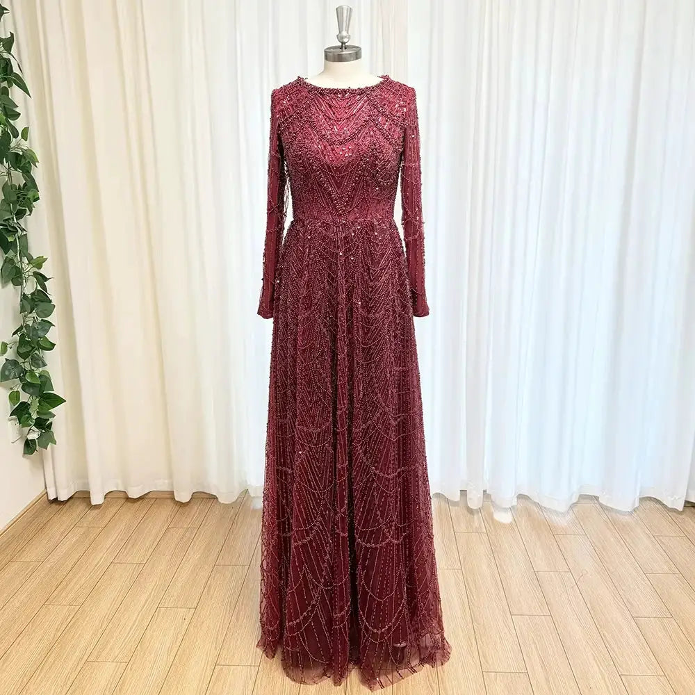 Mina Luxurious Beaded Sequin Dress Long Sleeve Round Neck Formal
