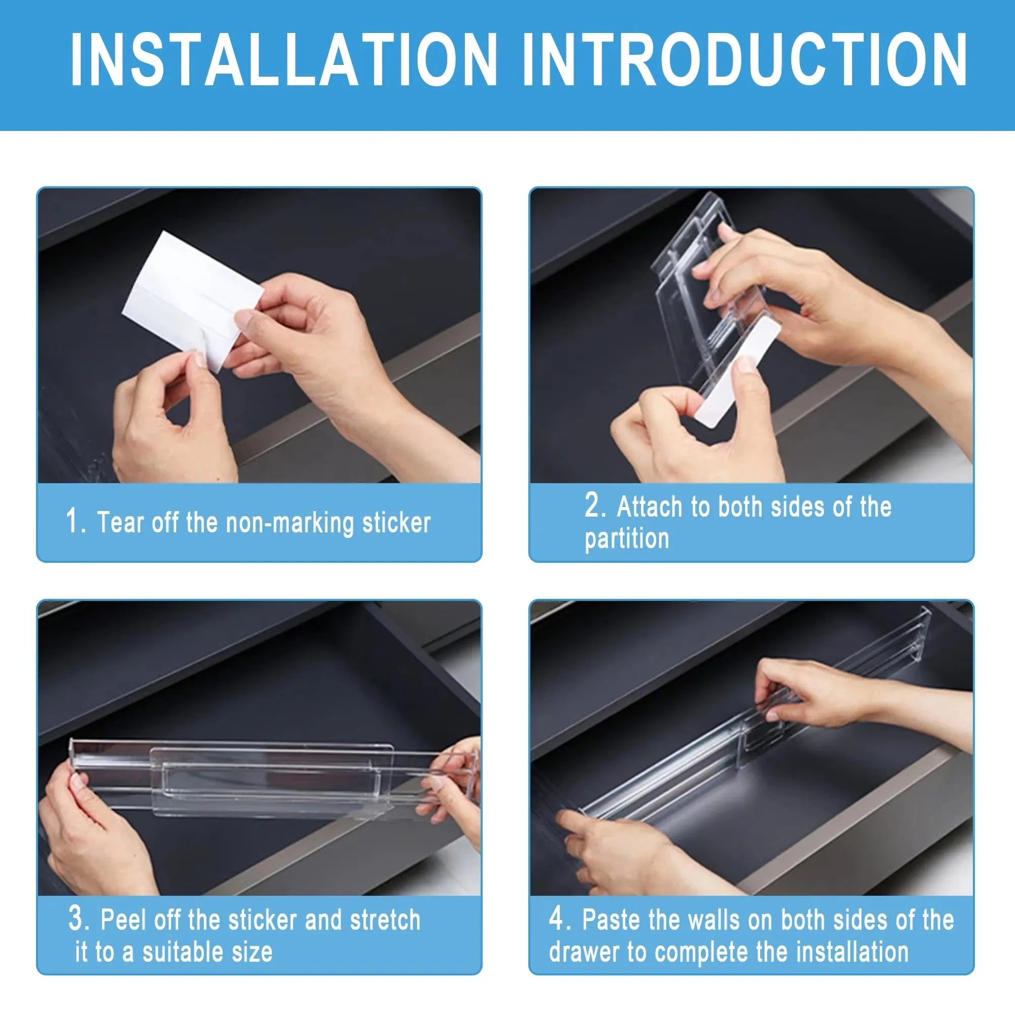 Simples Market clear plastic expandable drawer dividers kit (1/2/4/6/8 pcs) with installation steps 1–4
