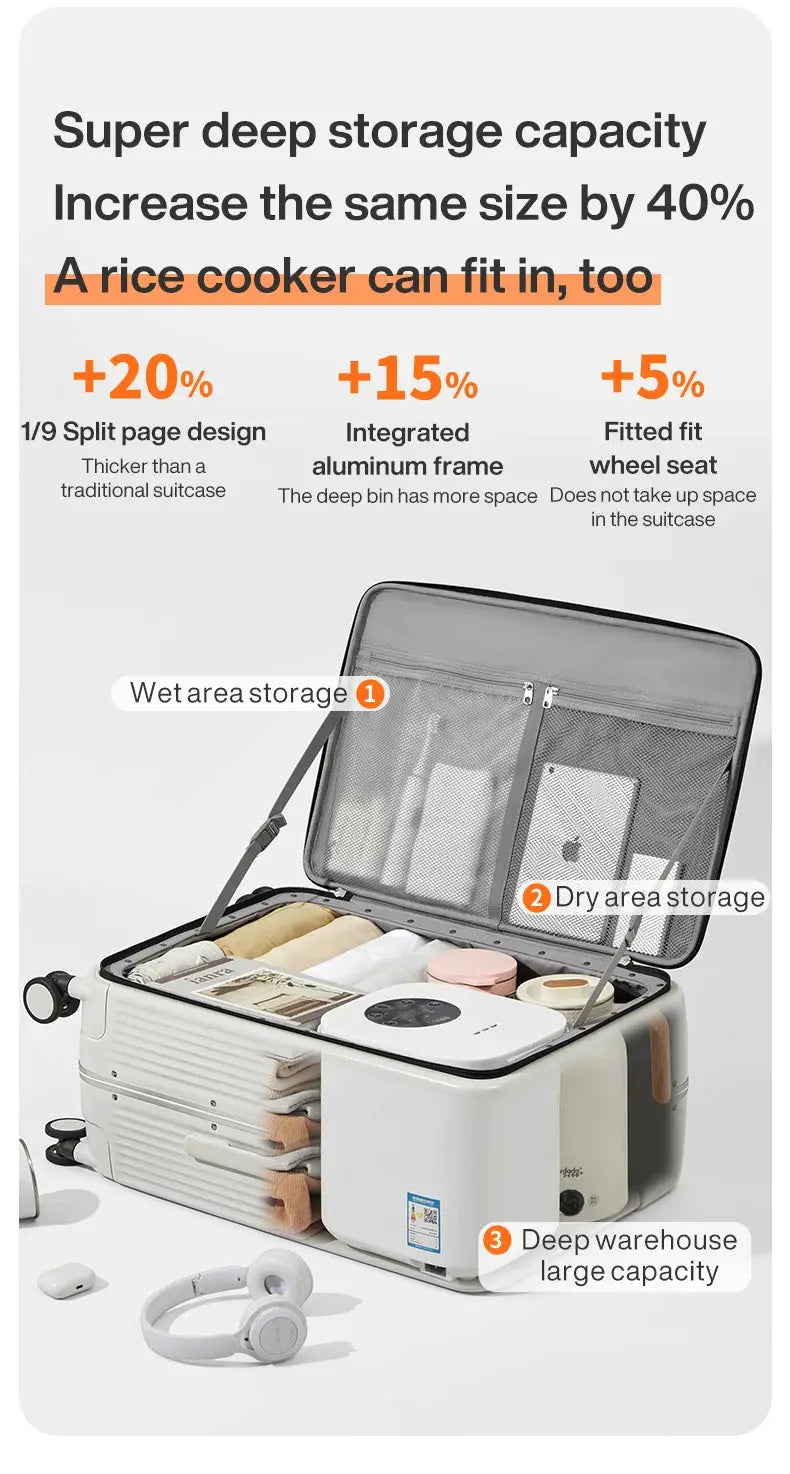 Mixi aluminum-frame carry-on suitcase by Simples Market with USB port and phone holder, wet/dry storage, 20–24 inch