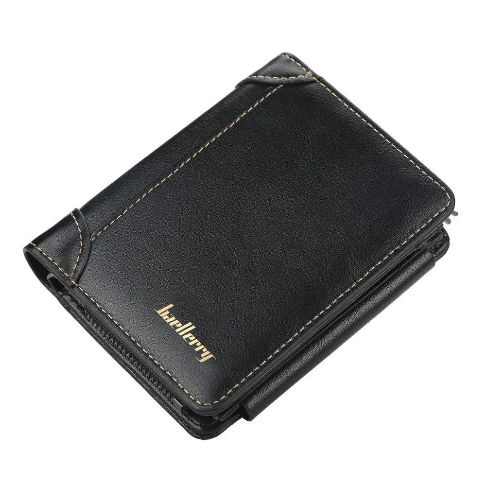 Baellerry short wallet for men, black PU leather RFID-blocking with beige stitching and gold logo