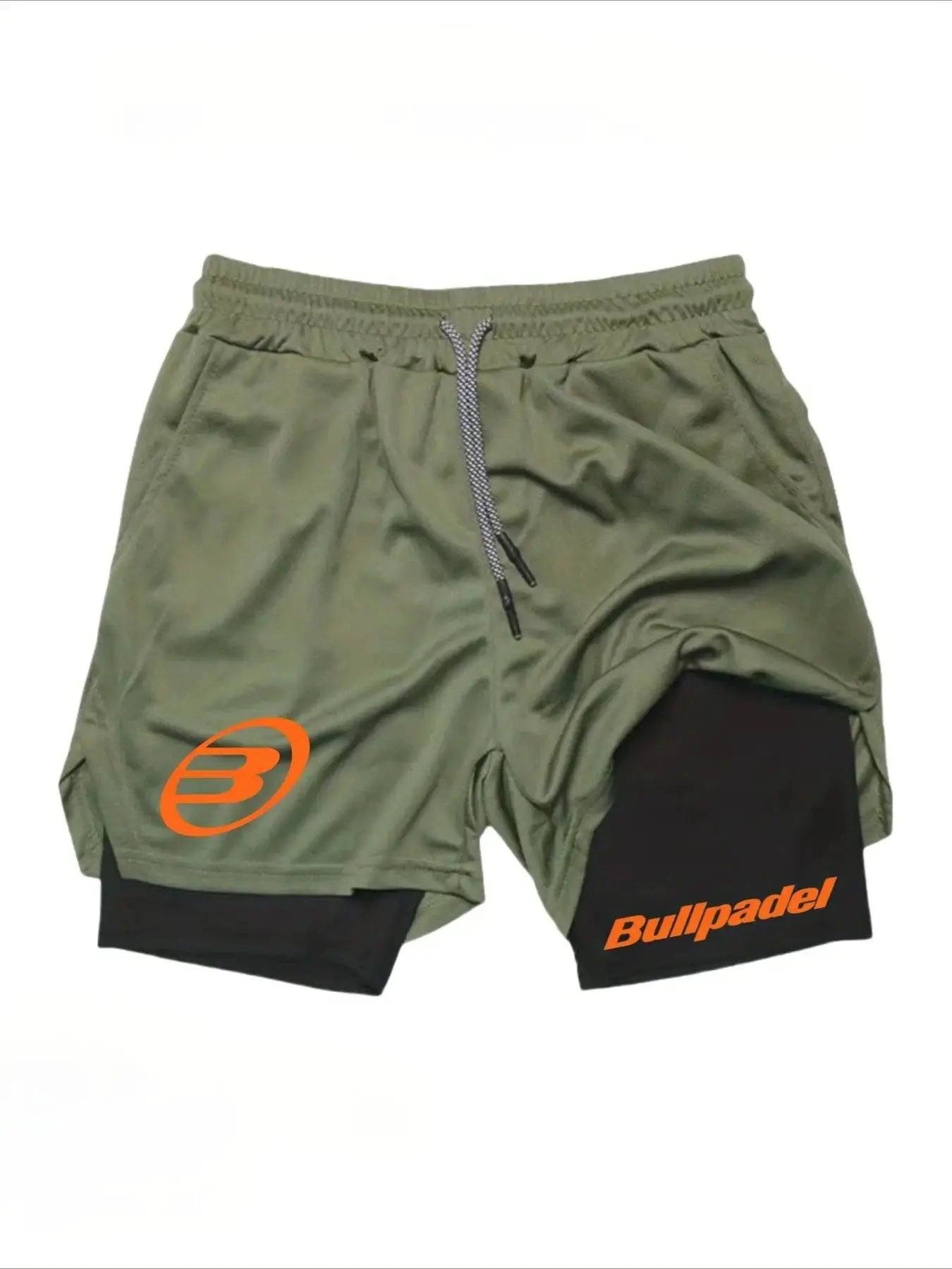 Berserk men's 2-in-1 sport shorts, olive green quick-dry with black inner layer and orange Bullpadel logo