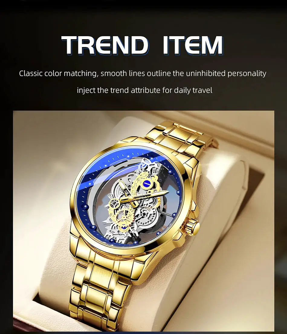 Men's gold skeleton automatic wristwatch with blue bezel and visible gears.