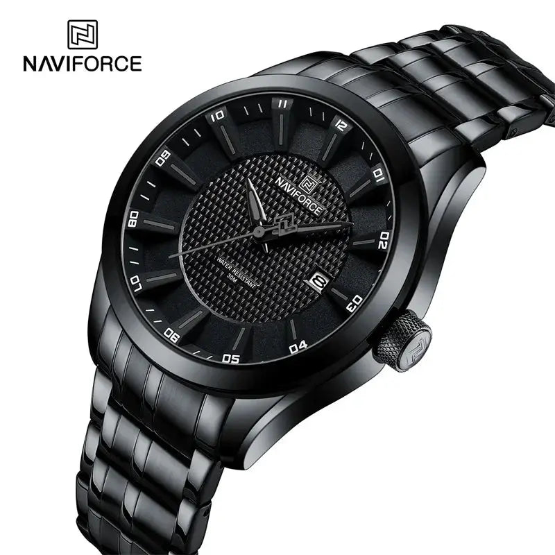 NAVIFORCE men's watch with black stainless steel strap, date display and water resistant.