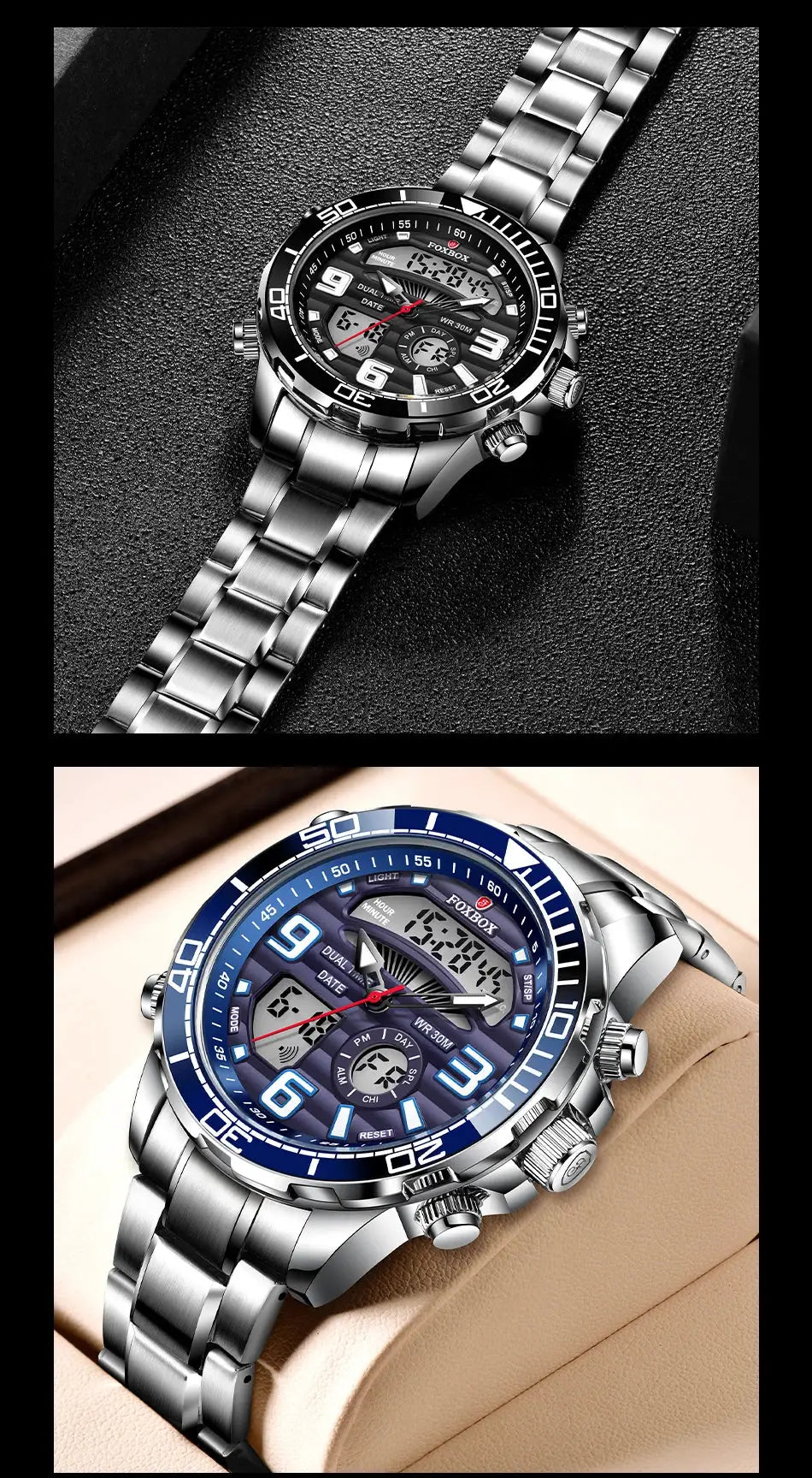 FOXBOX men's military sport watches, 2 stainless-steel timepieces with digital-analog dials, black and blue