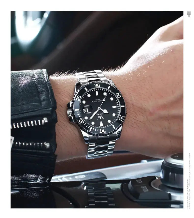 OLEVS 5885 men's stainless steel watch with black dial, date window, and silver bracelet