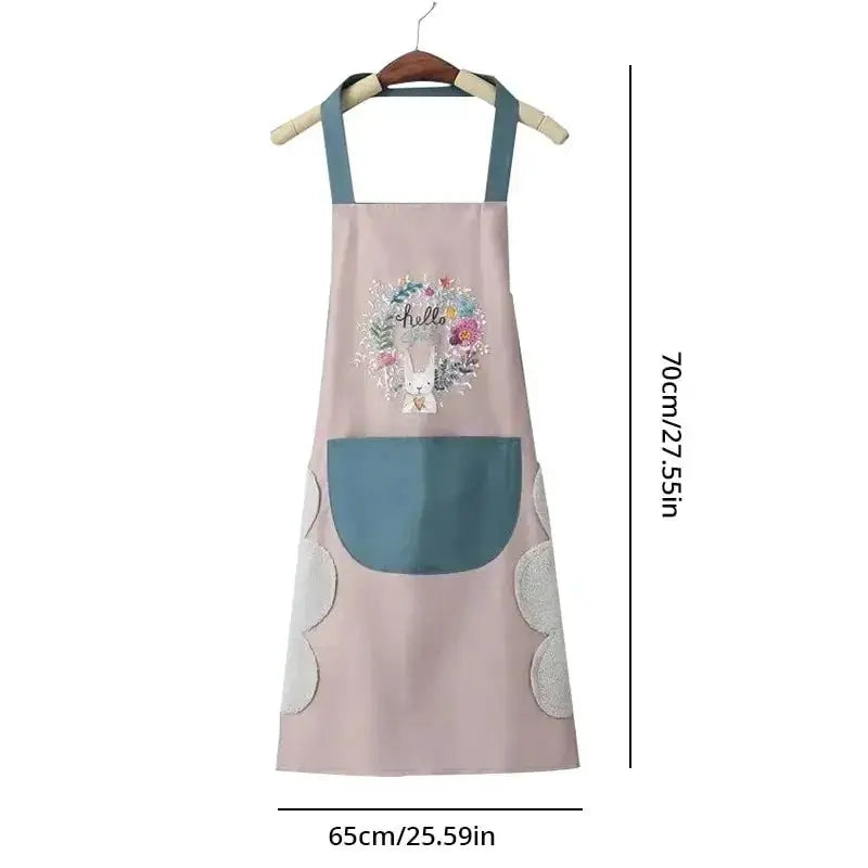 Women’s rabbit-print kitchen apron, pink with blue straps and pocket, oil-proof waterproof