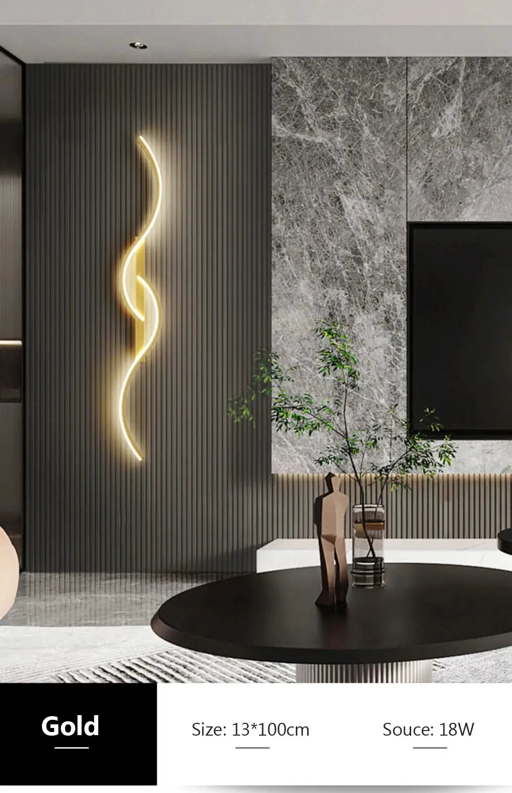 Gold LED wall lamp with a curved minimalist strip on a dark ribbed wall in a modern living room