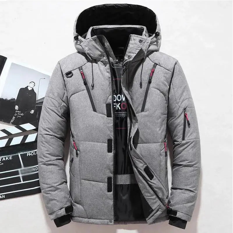 Men's grey hooded down puffer jacket with pink zipper accents and quilted panels