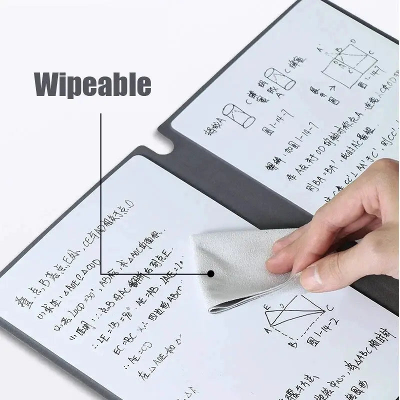Simples Market A5 reusable whiteboard notebook with black cover, wipeable pages, and free erasing cloth