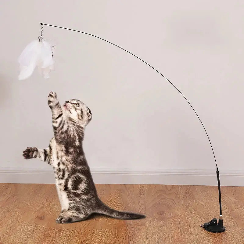 Interactive Cat Toy Hands Free Cat Wand Teaser Wand With Feathers Bell Suction Cup Bird Toy Pet Supplies