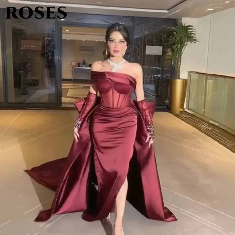 Roses Burgundy Mermaid Prom Dress One Shoulder Beading Bow Sleeve