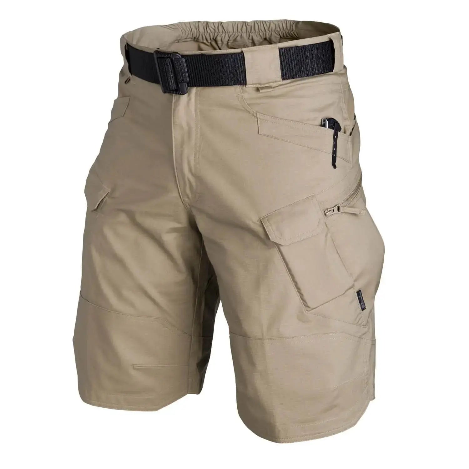 Men's tan cargo shorts with belt, multiple pockets and quick-dry waterproof tactical design
