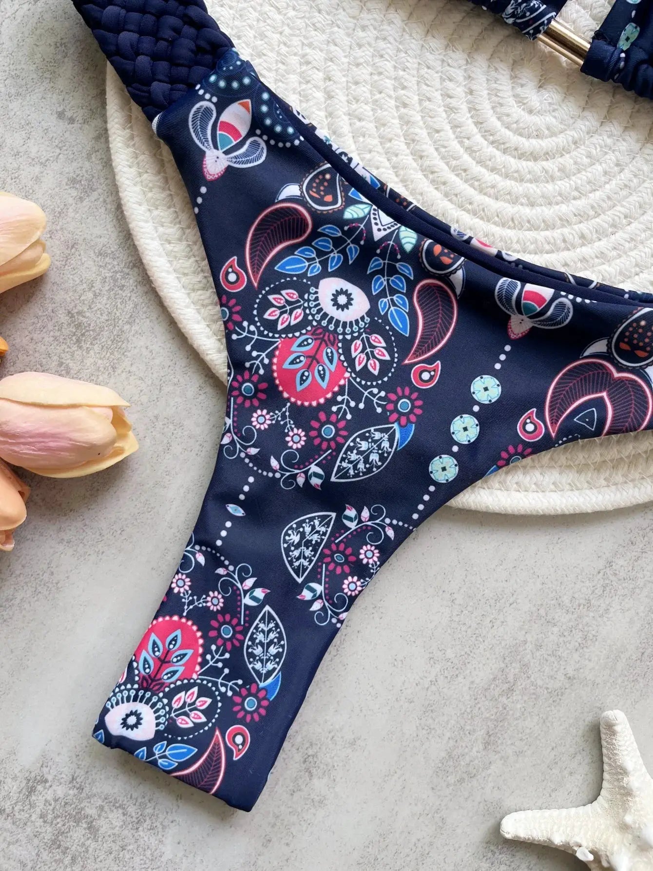 RUOTONSEPT navy paisley print bikini bottom halter mini thong high-cut Simples Market