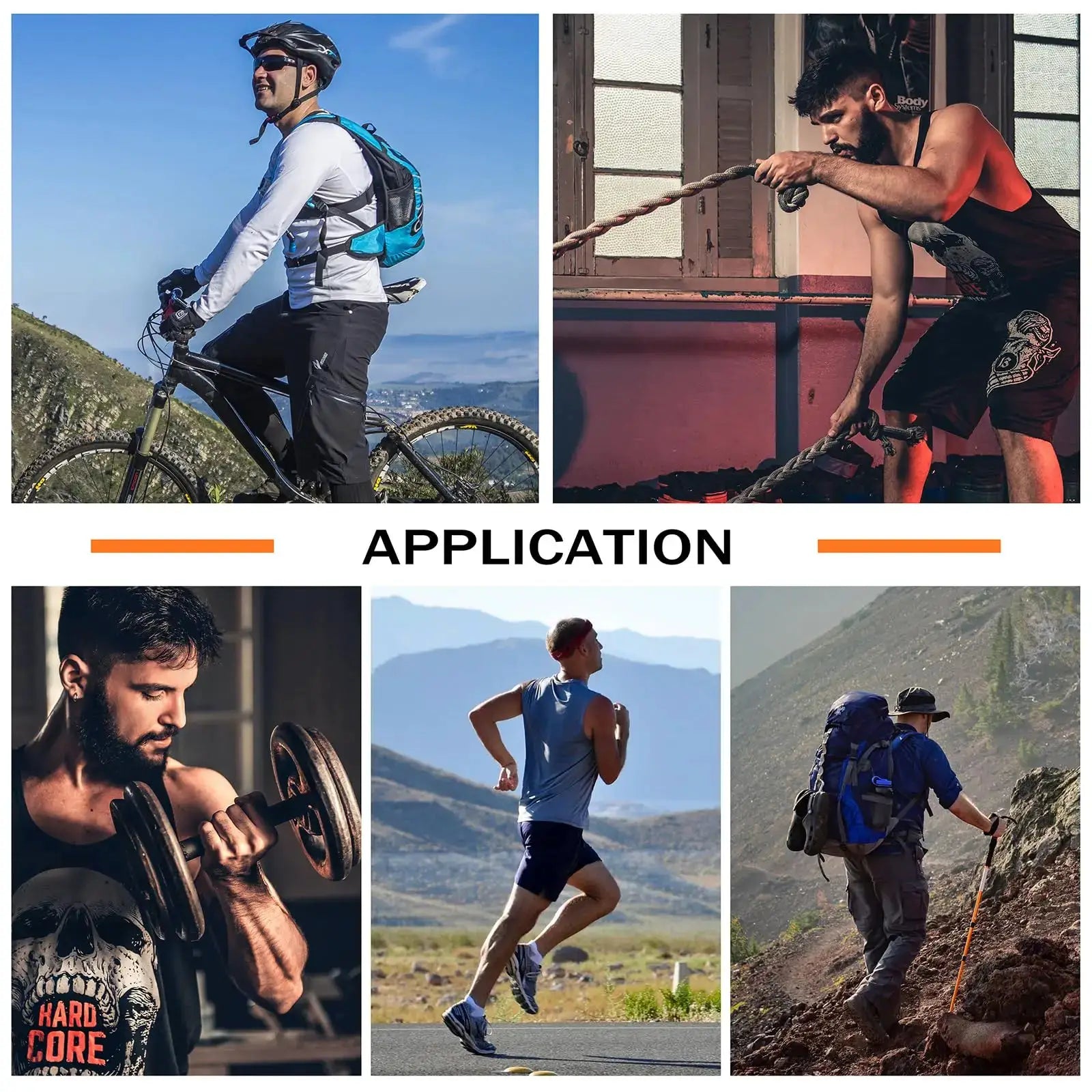 Simples Market sauna shirt for men; collage of athletes in outdoor cycling and rope-training workout scenes