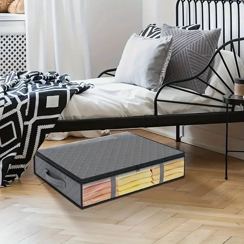 2pc large under-bed storage bags in gray non-woven fabric with clear window and reinforced handles, for blankets.
