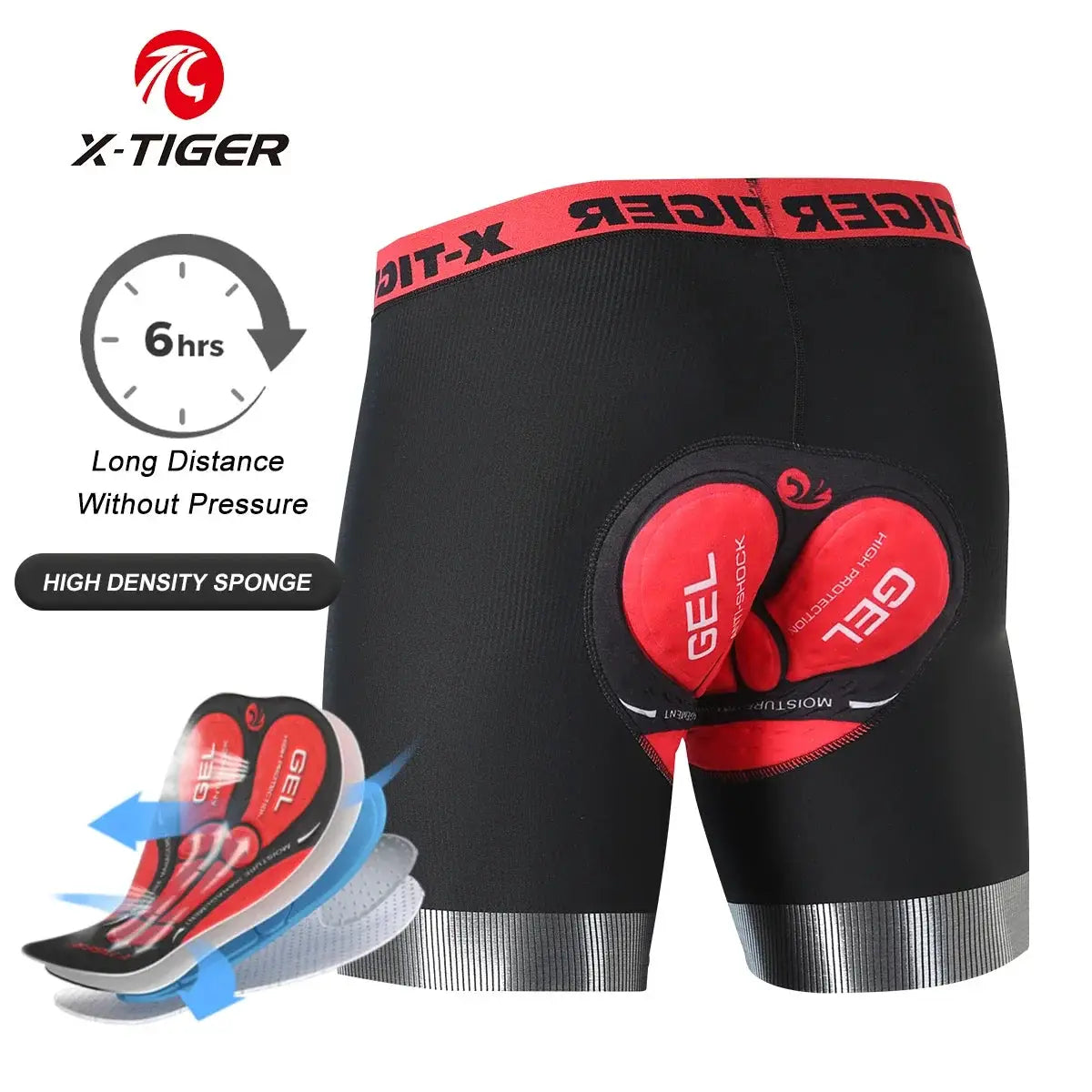 X-TIGER cycling underwear shorts with red gel padding, black 5D liner and anti-slip leg grips