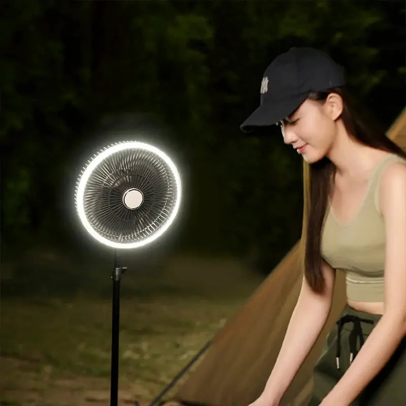 KINSCOTER 10000mAh outdoor camping fan with LED ring lighting, 11-inch standing fan