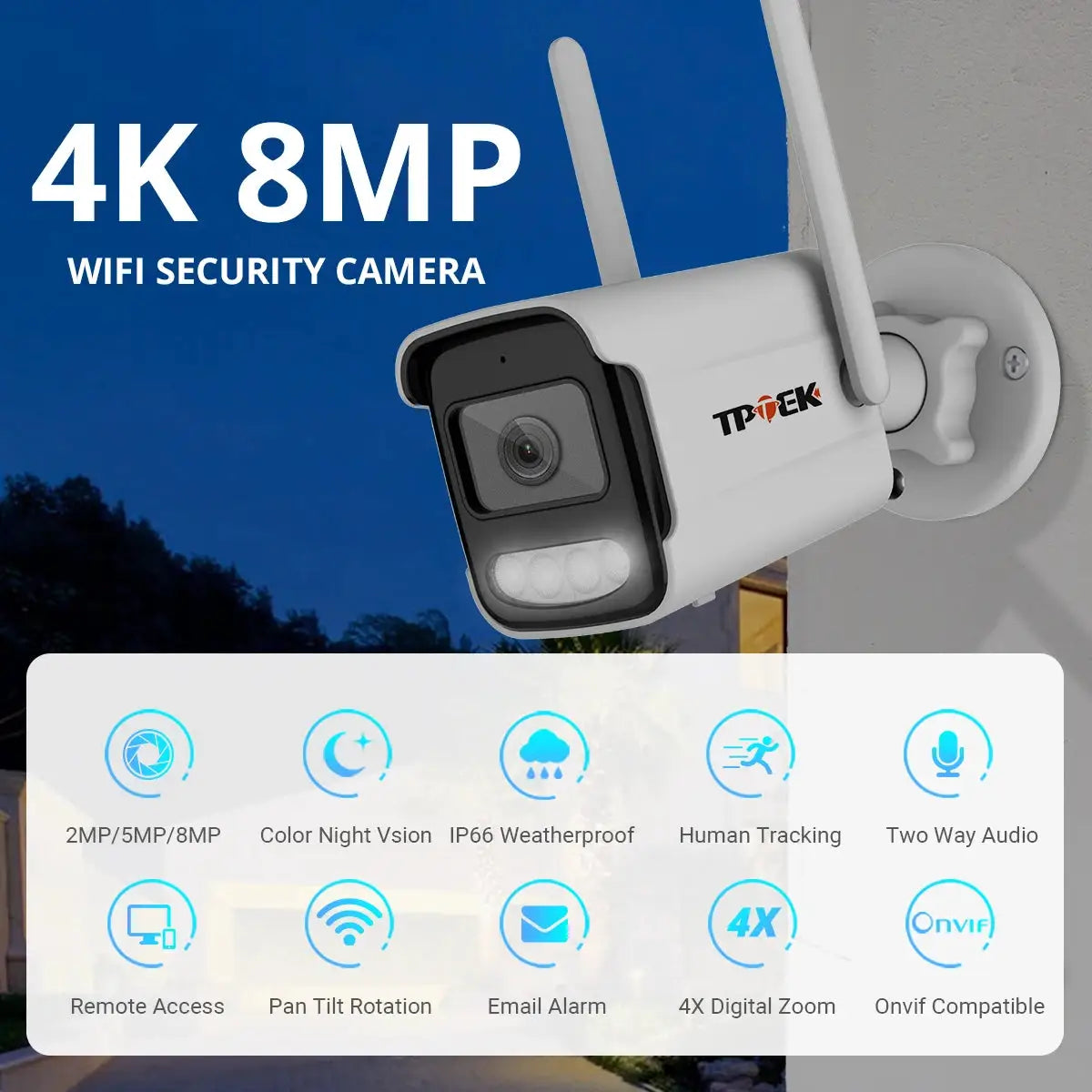 4K 8MP outdoor WiFi bullet security camera in white with visible brand logo and wall-mount bracket