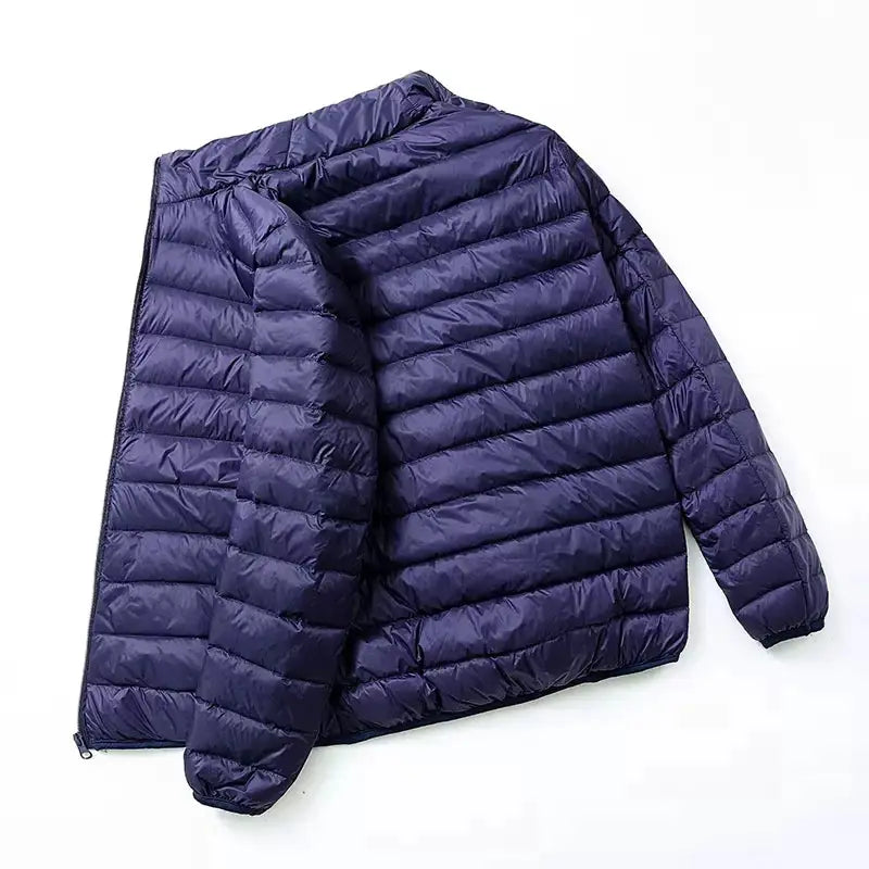 Men's navy blue duck-down hooded jacket, ultralight quilted puffer coat