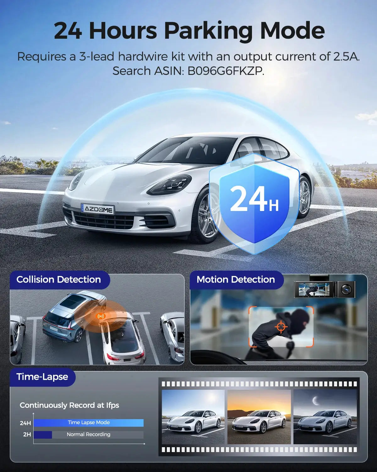 AZDOME M550 Max dash cam by Simples Market; white car shown with 24H parking mode infographic