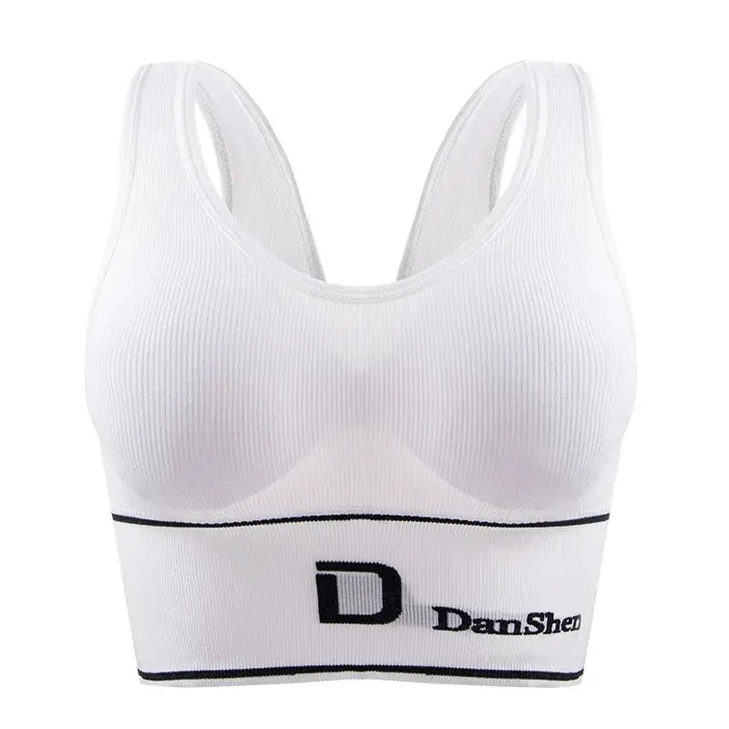 Women's seamless sports bra full-coverage wireless white ribbed fabric with wide underband