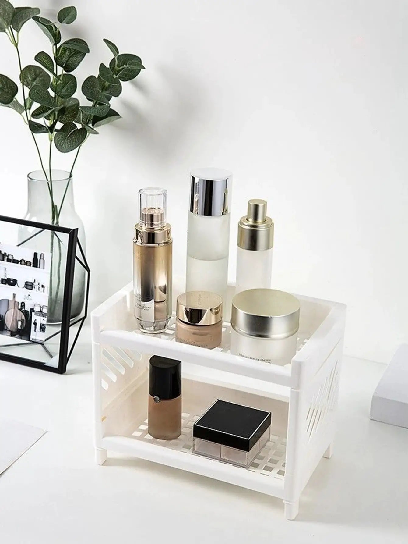 PP Desktop Double Layer Storage Rack Rectangular White For Desk Office Cosmetics Stationery Organization