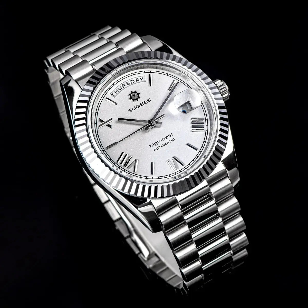 Sugess stainless steel men's watch, 40mm, automatic with date and day, sapphire crystal