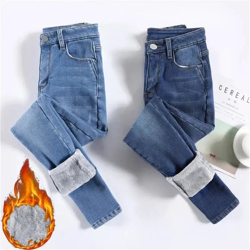 Women Thermal Skinny Jeans With Plush Lining Warm Winter Denim Pants