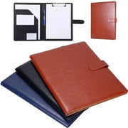 PU leather A4 conference folder set with strap closure in brown, blue and black