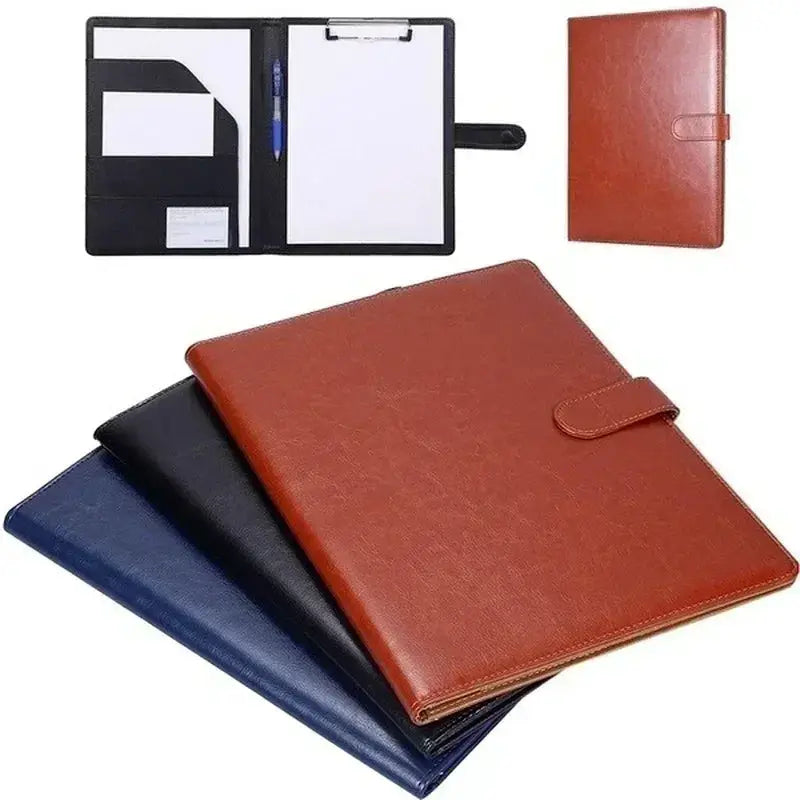 PU leather A4 conference folder set with strap closure in brown, blue and black