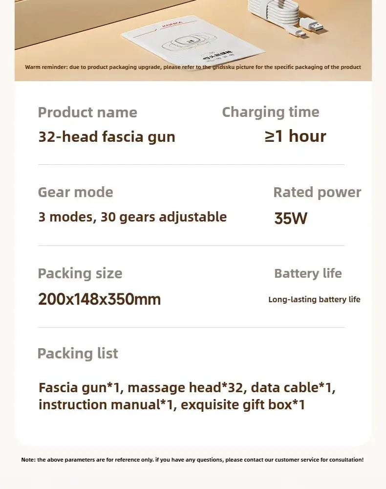Simples Market 32-head fascia gun massage device, wireless 35W with 3 modes; packaging box shown