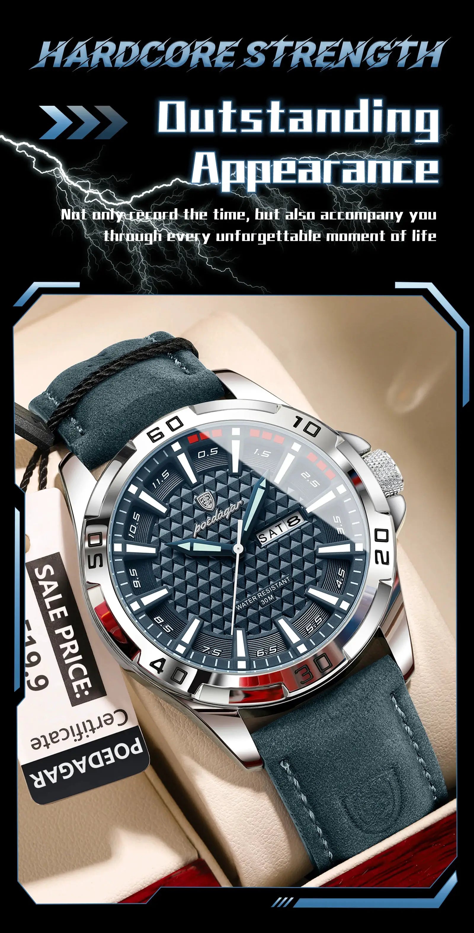 POEDAGAR Men’s Wristwatch with blue textured dial, stainless steel case, blue leather strap, water resistant 30m