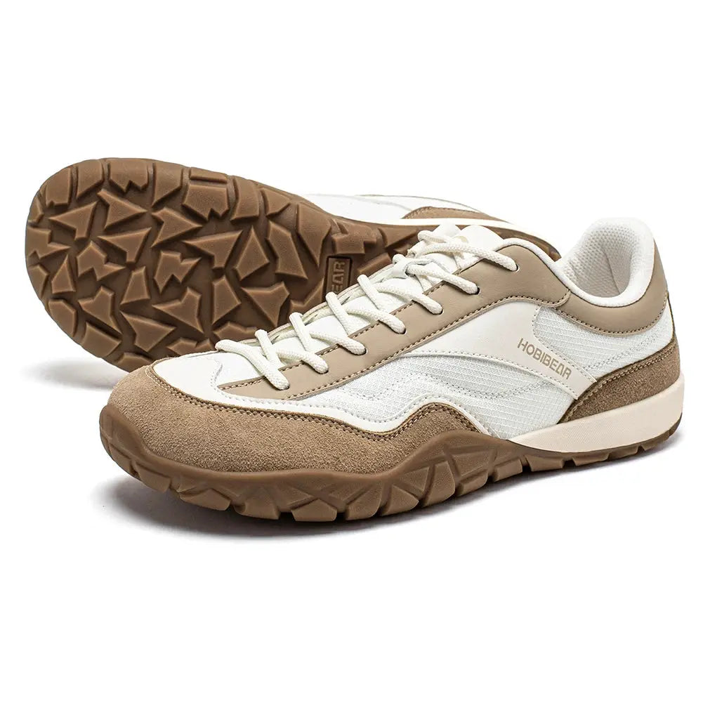 HOBIBEAR unisex hiking shoes, wide width, beige and white, lace-up trekking sneakers with rugged brown outsole