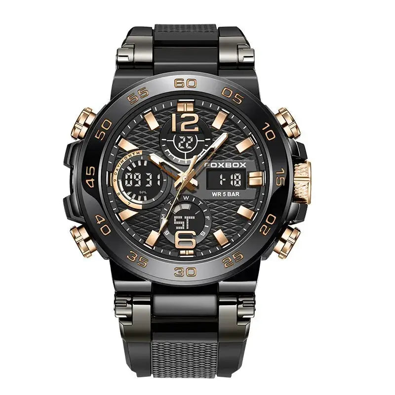 FOXBOX men's chronograph diver watch with black and gold stainless steel band and digital-analog displays