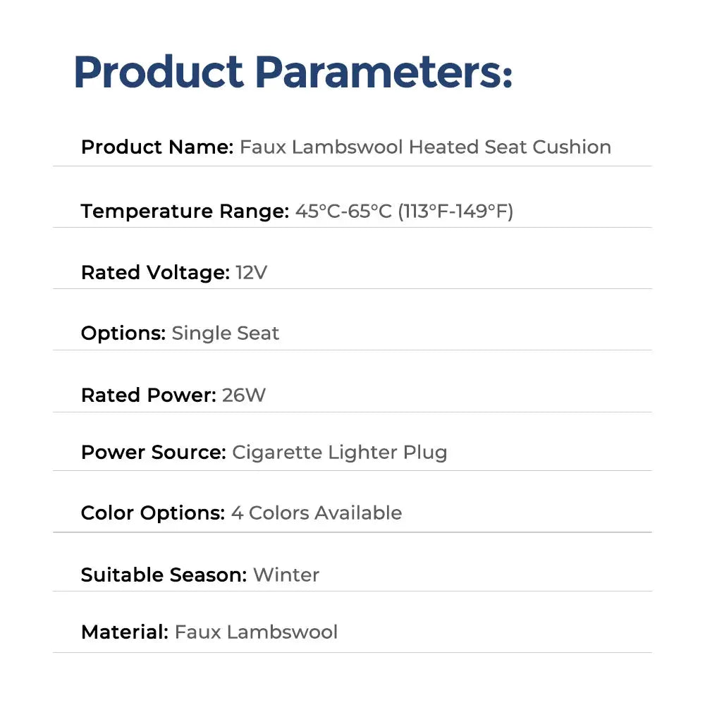 Faux Lambswool Heated Seat Cushion - 12V, 26W, cigarette lighter plug; single seat, winter use.